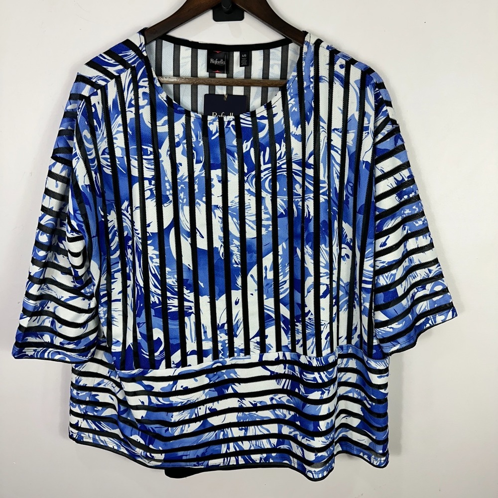 Rafaella Top L Blue White Stripe Abstract Print Resort Coastal Chic Art Dopamine